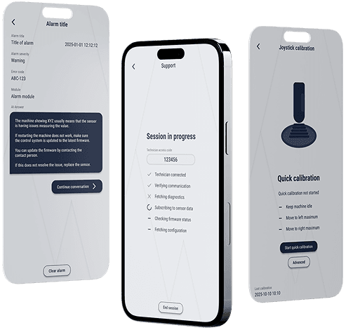 THNX Connect alarm, support and joystick calibration mobile screens